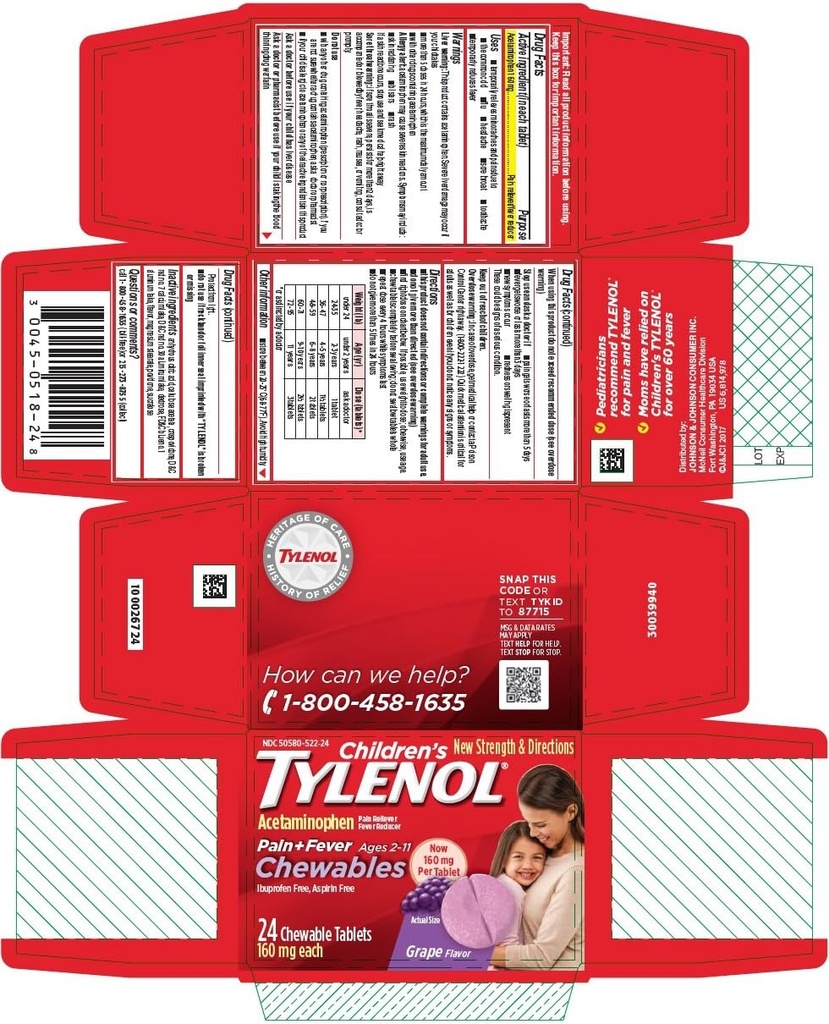 Tylenol Douleur des enfants + Fièvre Comprimés à croquer Arôme de raisin - 24 ct, boîte de 4
