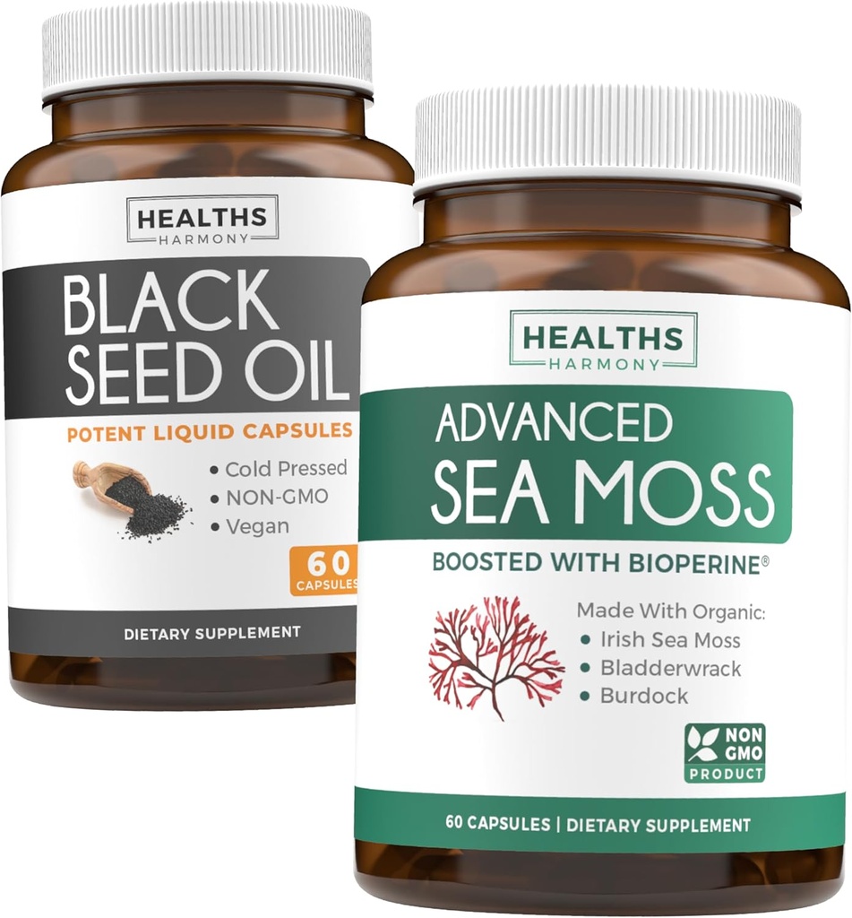 Black Seed Oil & Irish Sea Moss (1-Month Supply) - Wellness Duo Bundle of Black Seed Oil (60 Kapseln) Cold-Pressed Nigella Sativa & Irish Sea Moss (60 Kapseln) mit Bioperine und Bladderwrack