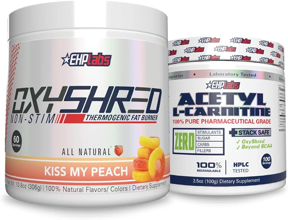 EHP Labs Non-Stim + Acetyl Bundle - OxyShred Thermogenic Pre Workout Powder & Shredding Supplement - Acetyl L-Carnitin - unterstützt natürliche Energieproduktion, hilft Stoffwechsel, & Gesunde Gehirnfunktion