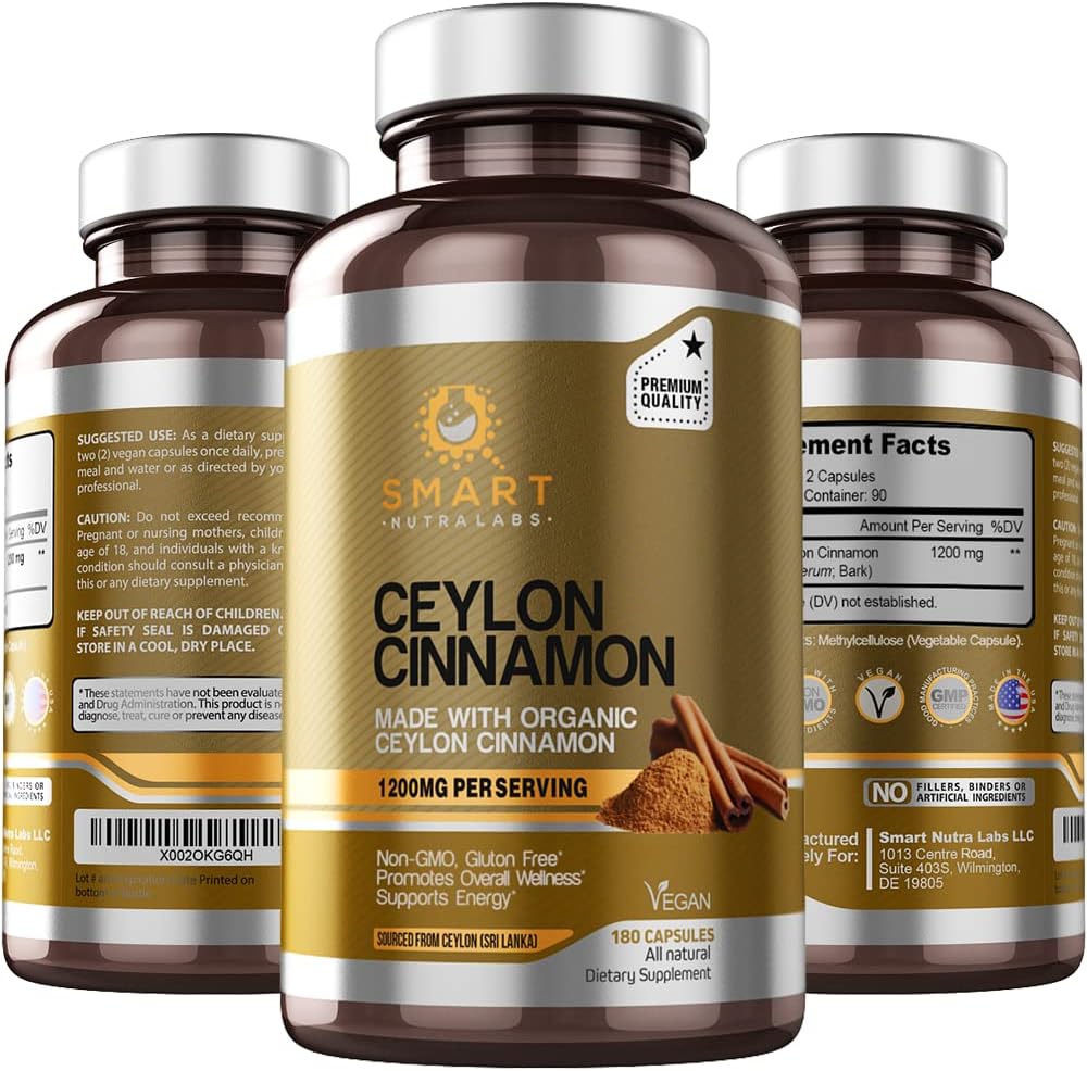 Smart Nutra Labs Bio Ceylan Cinnamon Supplément 1200mg par portion, 180 Capsules Vegan, 100% Pure, Vrai Ceylan Cinnamon