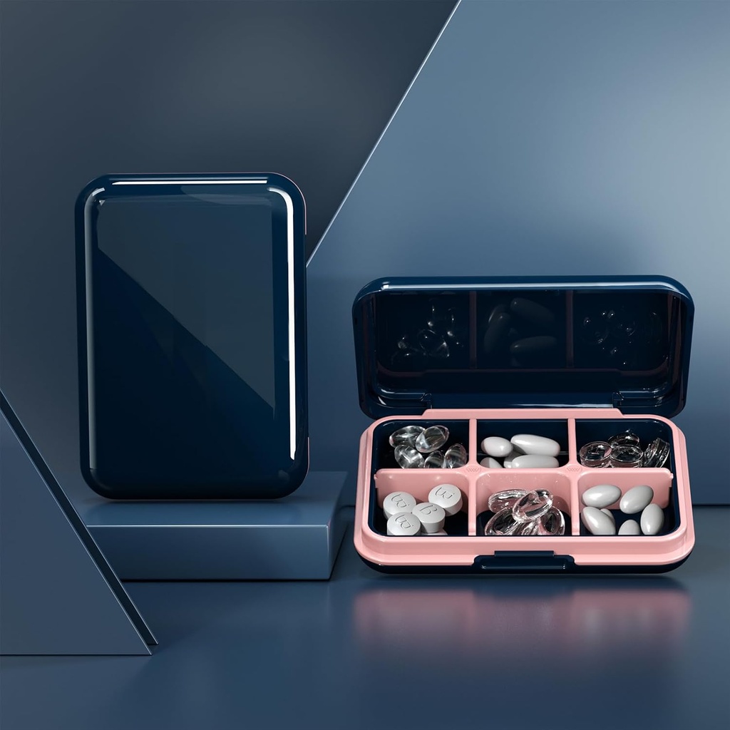 Pill Box Waterproof Travel Pill Case Portable Daily Pill Container Pill Holder Purse 6 Compartiments Pocket Compact Medicine Organizer for Vitamine,Pish Oils,Supplements,Medification (Grand Bleu)