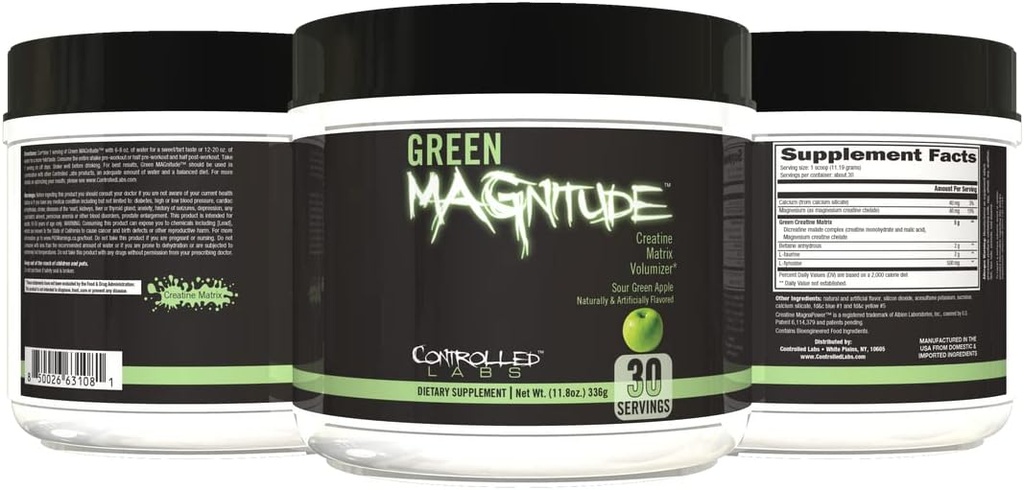 KONTROLLED LABS Green Magnitude Supplement, Synergistic Creatine Formel Pulver, fördert Stärke, Stamina und Leistung, (Sour Green Apple, 30 Portionen)