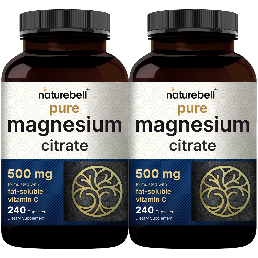 NatureBell 2 Pack Magnesium Citrat 500mg, 480 Kapseln | 2-in-1 mit Fett lösliches Vitamin C | Pure Elemental Form | Filler Free, Non-GMO, Keine Gluten