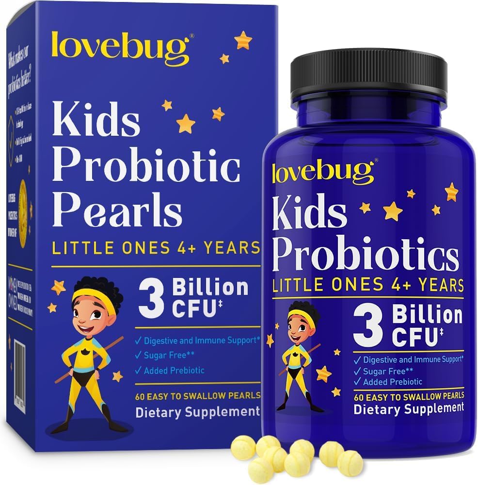 LOVEBUG Probiotiques pour les enfants - Probiotiques pour enfants avec prébiotiques pour les enfants âgés de 4 ans et plus, la santé quotidienne des enfants, la constipation, le supplément de soutien digestif et immunitaire, sans sucre, 60 perles douces