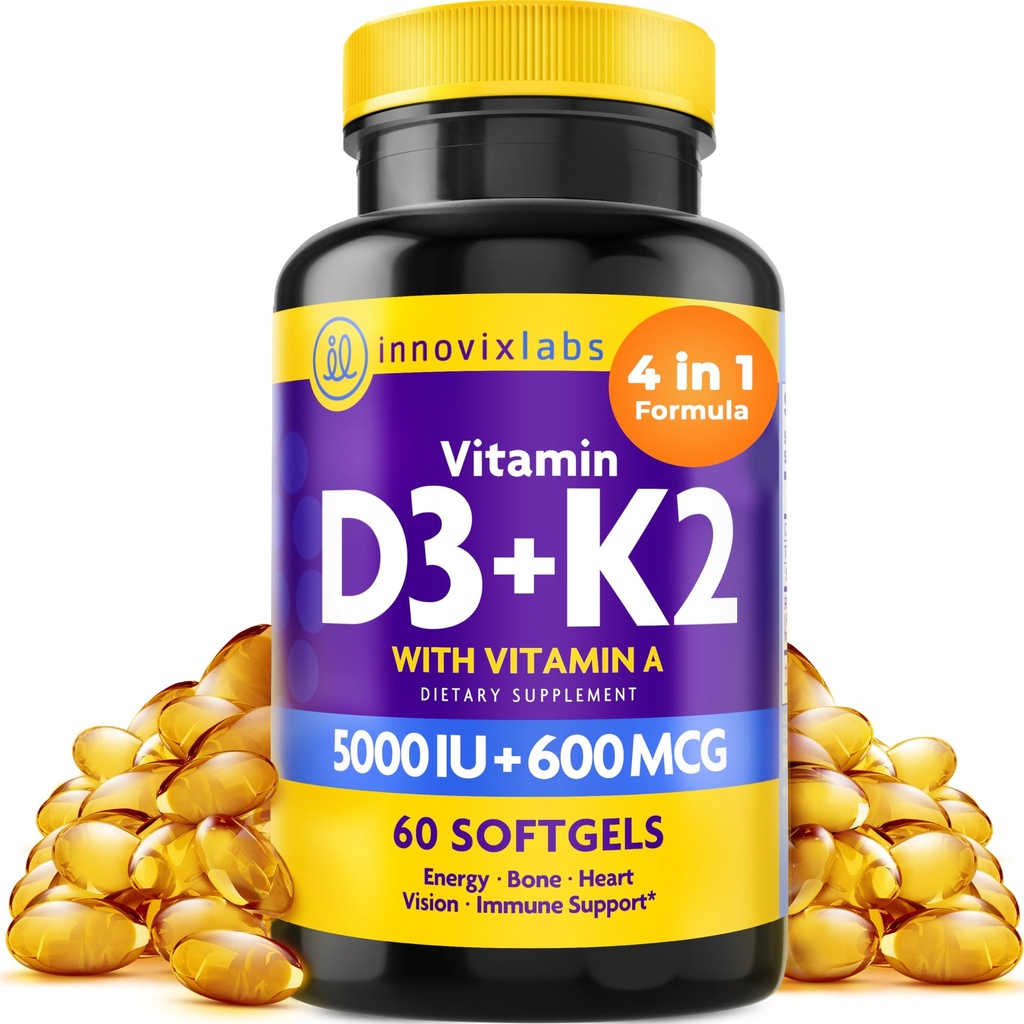 InnovixLabs Vitamin D3 K2-5000 IE Vitamin D3 Plus 600 mcg Vitamin K2 MK4 und MK7 für Max Calcium Absorption, unterstützt Knochen, Immunsystem, Herzgesundheit, 3rd Party Tested, glutenfrei, 60 Softgels