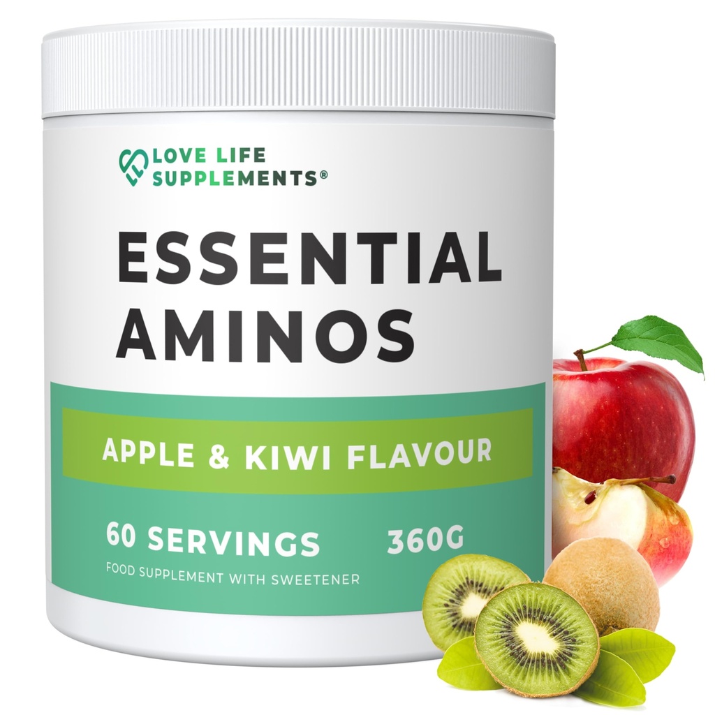 Love Life Supplements EAA Aminosäuren Pulver, Alle 9 essentiellen Aminosäuren einschließlich BCAA und 2 Gramm Leucin pro Servierung, Apple & Kiwi Aroma, 348g - 60 Servierungen (5g EAA pro Servierung)