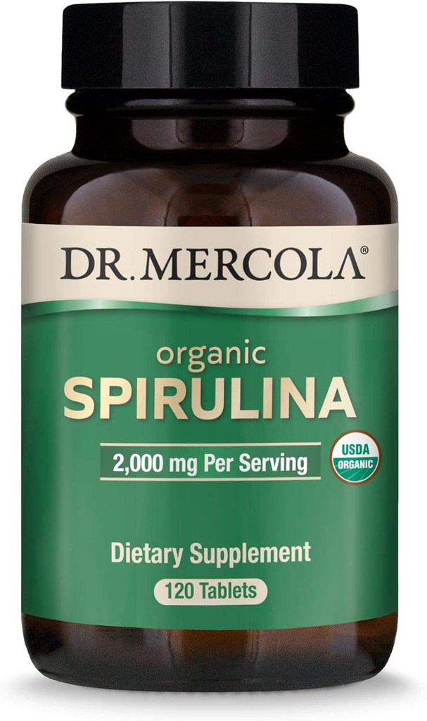 Dr Mercola Spiruline biologique - 2 000 mg - USDA Organic - Soutient la désintoxication normale et la santé immunitaire - Superaliments entiers - Non-OGM, sans gluten et sans soja - 120 comprimés