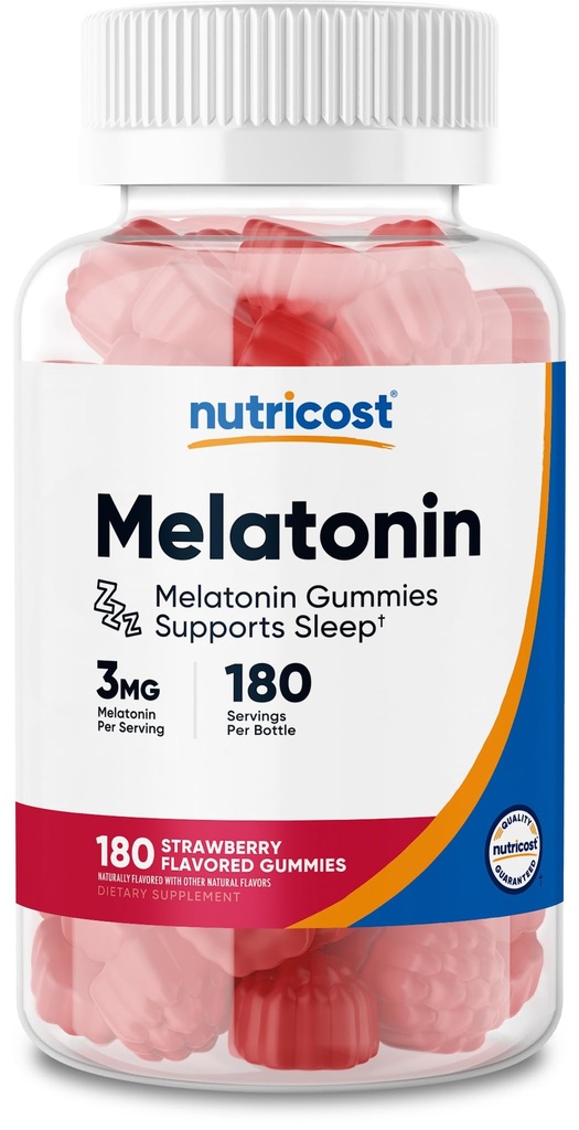 Nutricost Mélatonine 3mg, 180 Gommies, Aromatisés aux fraises - Sans gluten, sans OGM, sans sirop de maïs