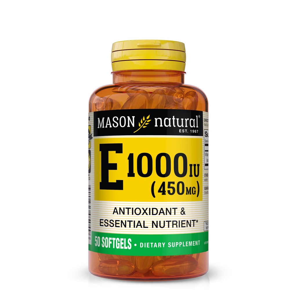 MASON NATUREL Vitamine E 450 mg (1 000 UI) - Antioxydant et nutritif essentiel, système immunitaire sain, peau et yeux, supplément du corps entier, 50 softgels