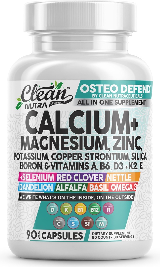 Allin1 Calcium Magnesium Zink Ergänzung mit Kalium, Kupfer, Strontium, Silica, Vitamin D3 K2, Boron, Vitamin B1 B12 Red Clover Kräuter Alfalfa Basil Pillen für Männer & Frauen Clean Nutra Osteo Defend