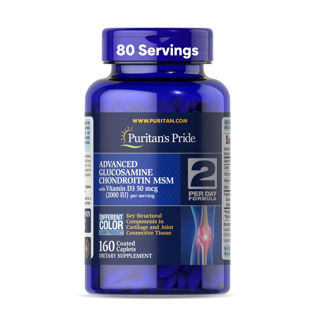 Puritan's Pride Advanced Glucosamine Chondroitin MSM with Vitamin D3 50mcg (2000 IU), Dietary Supplement for Joint Health, 80 Servings, 160 Coated Tablets
