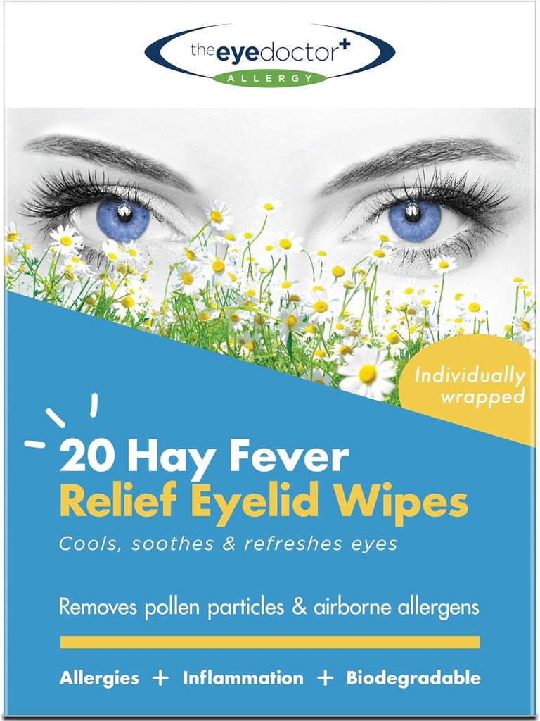 The Eye Doctor Hay Fever Relief Eyelid Wipes - 20x Single Use Eye Wipes for Allergy & Hayfever - Entzündung, Wasserige juckende Augen, Kopfschmerzen & Migraines - Cooling Soothing Relief