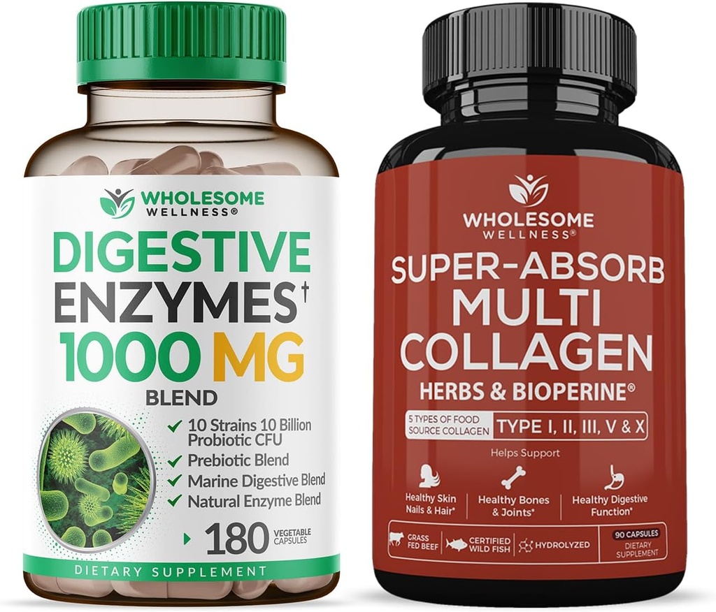 Vollständige Wellness Verdauungsenzyme 1000MG Plus Präbiotika & Probiotika Supplement + Super-Absorb Multi Collagen Pillen (Typ I II III V X) Bio Kräuter und Bioperine Bundle