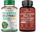 Vollständige Wellness Verdauungsenzyme 1000MG Plus Präbiotika & Probiotika Supplement + Super-Absorb Multi Collagen Pillen (Typ I II III V X) Bio Kräuter und Bioperine Bundle