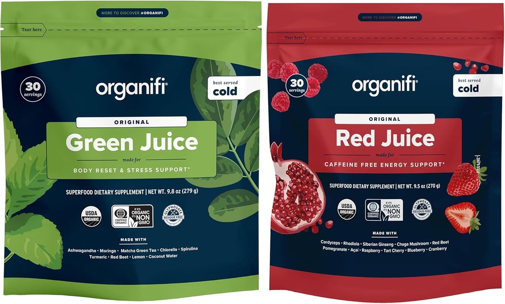 Organifi Green Juice and Red Juice Bundle - 30 jours d'approvisionnement - Délicieux, rafraîchissant complément alimentaire bio avec des antioxydants pour l'énergie et le soutien anti-stress - Pas d'OGM, de gluten ou de soja
