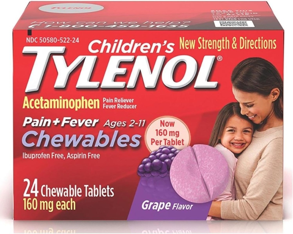 Tylenol Douleur des enfants + Fièvre Comprimés à croquer 160 mg, Arôme de raisin 24 ea (3 Pack)