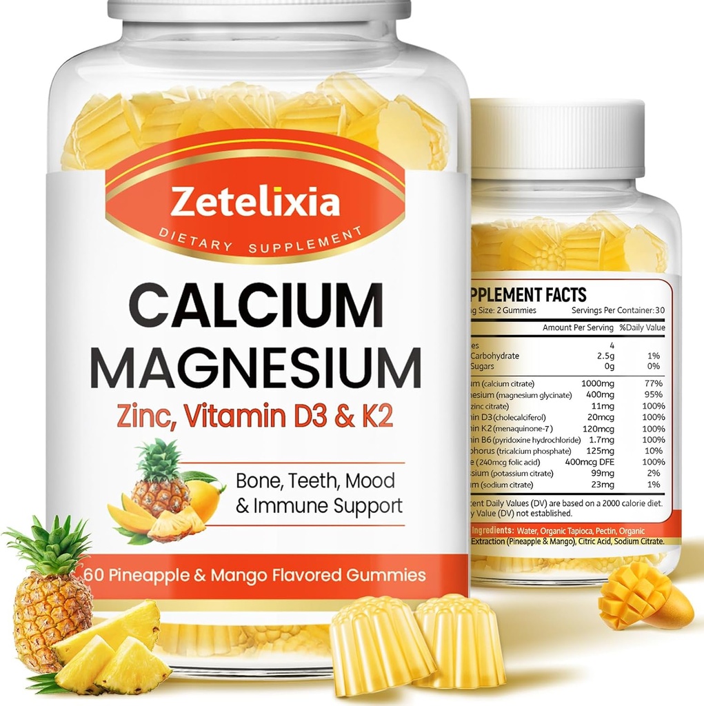 Kalziumgummis für Damen, Calcium Magnesium Zink mit Vitamin D3 & K2, Calcium Magnesium Supplement für B0nes Muskeln, Ananas & Mango Flavor - 120 Count