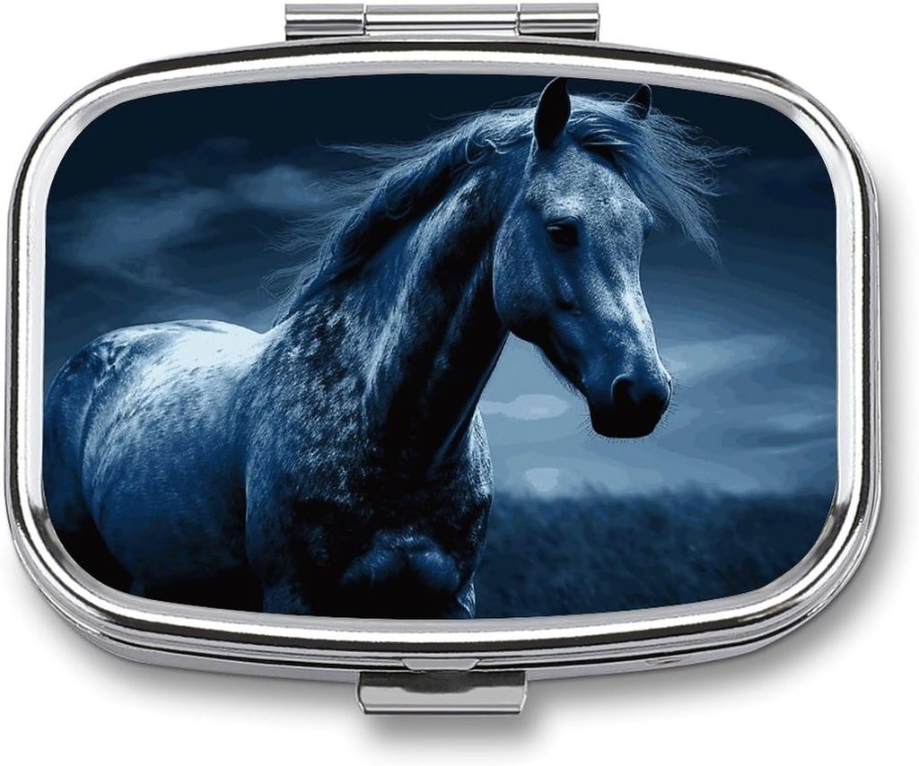 Blue Horse Pille Box 3 Kompartment Square Small Pill Case Travel Pillbox für Geldbörse Tasche Metall Medizin Organizer Portable Pille Container Halter, um Vitamine zu halten Medikamente Fischöl und Ergänzungen