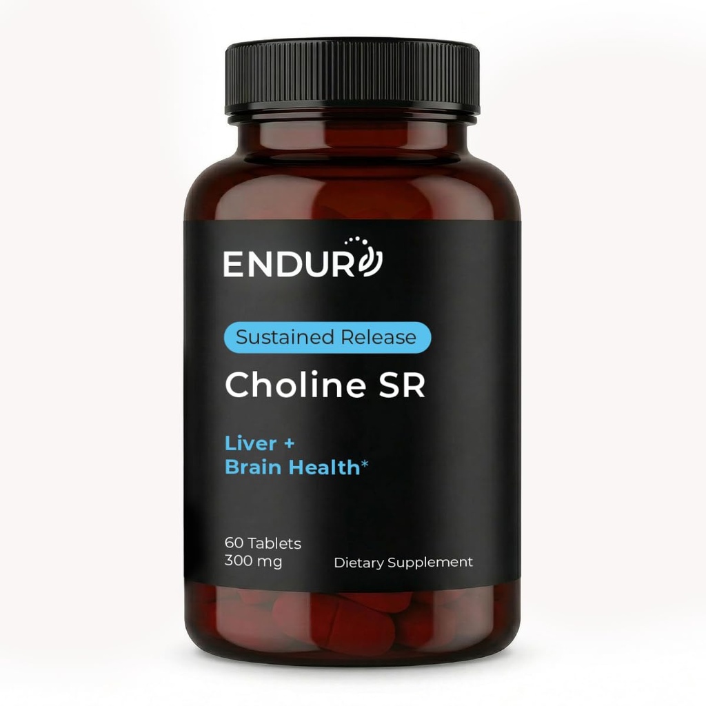 Endur Choline L(+) Bitartrate, supplément de soutien du cerveau et du foie à libération prolongée, sans danger prénatal, végétalien, non OGM, sans gluten, 300mg (60 comprimés)