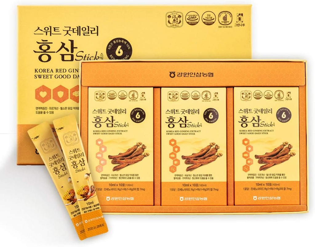 [Gangwoninsam] Korean Red Ginseng Extract Sweet Good Daily Stick 30 Count – Enthält 6 Jahre Korean Red Ginseng Extract, Korean Food, Individuell verpackt, 0.35 fl. oz (10ml), 3 X 10-Count Box