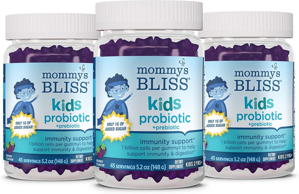 Mami's Bliss Kids Probiotic + Prebiotic Gummis, unterstützt Immunität und Verdauung für Kinder 2 Jahre+, Weniger Zucker, Yummy Berry Flavor, 45 Count (Pack von 3)