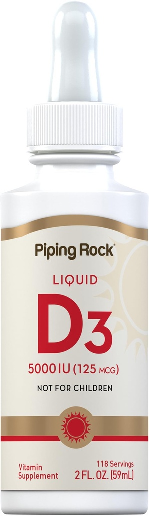 Piping Rock Vitamin D3 Liquid 5000 IU (125 mcg) | 2 oz | Vitamin D Tropfen für Erwachsene | Vegetarisch, Non-GMO, Glutenfreie Ergänzung
