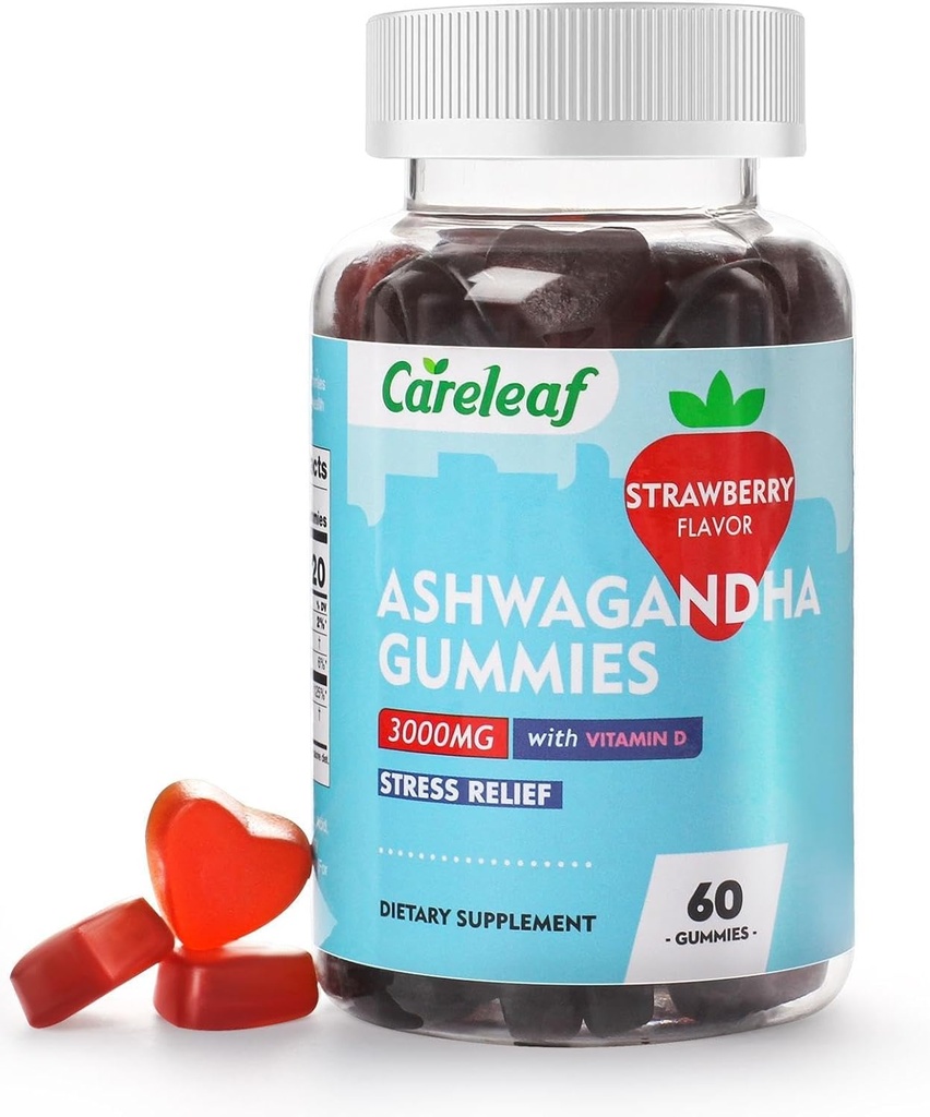 Vegan Ashwagandha Gummies-3000mg hohe Potenz Ashwagandha Wurzelextrakt mit Vitamin D2 | Erdbeeren Geschmack | 60 Cts/Bottle