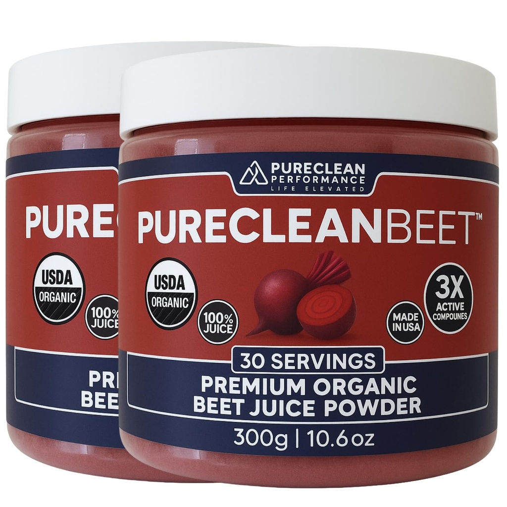 PureClean Organic Beet Juice Powder - Nitric Oxide Supplement - 100% USA Grown Beets - Organic Beet Root Powder 30 Servierungen, 300g (2 Jars 60 Servietten)