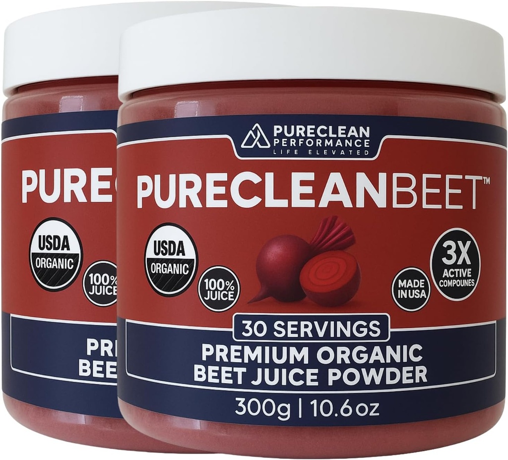 PureClean Organic Beet Juice Powder - Nitric Oxide Supplement - 100% USA Grown Beets - Organic Beet Root Powder 30 Servings, 300g (2 Jars 60 Servings)