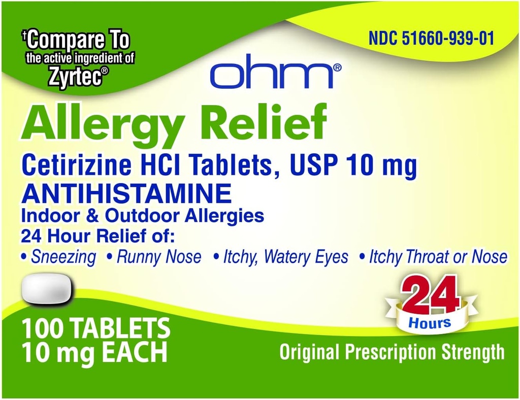 Ohm Cetirizine 10 mg Tablet - All Day Allergy Relief - 100 Count - Anti-Histamin für Hay Fever, Pollen, Dry Itchy Eyes - Effektive Relief von All Day Allergies