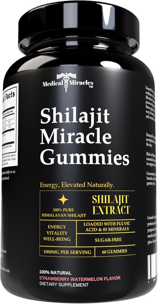 Medizinische Wunder Shilajit Gummie - 1000mg reine Himalaya Extrakt w/Fulvic Säure, Vegan, Zuckerfrei, Hohe Potenz. Energie- und Immununterstützung mit über 84 Mineralien. 60 Delicious Gummis
