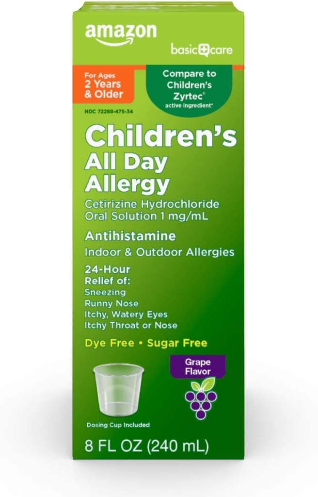 Amazon Basic Care 24 Hour Allergy Relief for Children, Cetirizine Hydrochloride Oral Solution 1 mg/mL, Grape Flavor, Dye Free, 8 fl oz (Pack of 1)