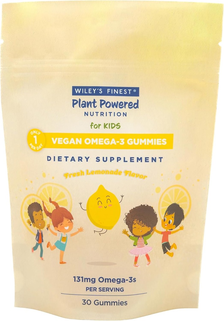 Wiley's Finest Kids Vegan Omega-3 Gummie - Natürlicher Zucker - Vegetarische DHA, ALA & SDA - Glutenfrei - Lemon Flavor, 30 Gummis