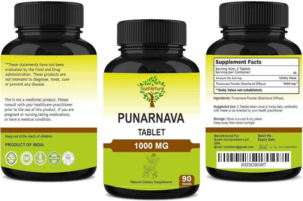Punarnava Tabletten 90 Tabletten, 1000 mg| 45 Tage Versorgung Her Kräutertabletten| Kräuterergänzungsmittel Ve Vegan | Boerhaavia diffusa | aus Indien