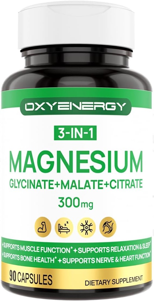 OXYENERGY 3 en 1 supplément complexe de magnésium, triples capsules de magnésium 300 mg avec glycinate de malate, chélaté, végétalien, haute absorption et biodisponibilité, 90 capsules