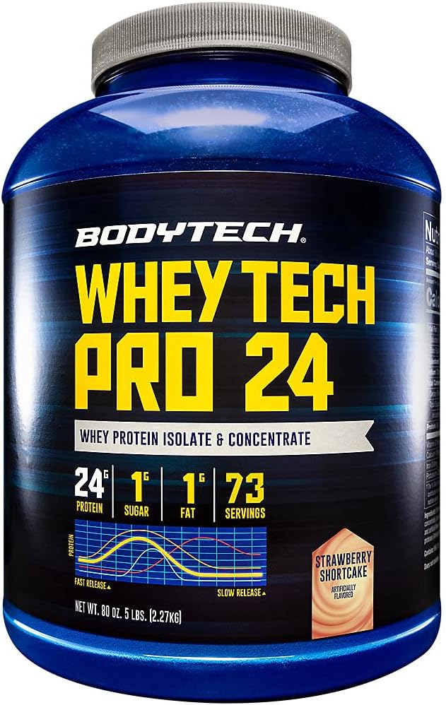 BODYTECH Whey Tech Pro 24 Protein-Pulver - Protein Enzym-Mischung mit BCAA's to Fuel Muscle Growth & Recovery, Ideal für Post-Workout Muscle Building - Strawberry Shortcake (5 Pfund)
