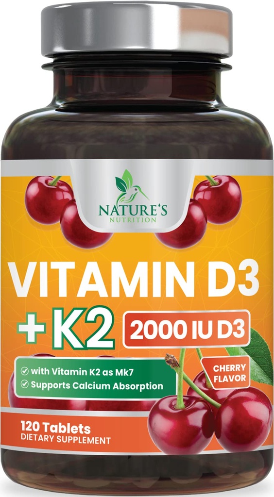 Vitamin D 2000 IU 50mcg Per Tablet - Vitamins D3 & K2 (MK7) Complex Supplement for Bone, Teeth, Muscle, Calcium Absorption, Supports Immune & Heart Health, Chewable Formula USA Bottled - 120 Tablets