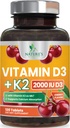 Vitamin D3 K2 2000 IU Plus mit K2 (MK-7) 75 mcg - Vitamine D & K Complex Supplement für Knochen, Zähne, Muskel, Kalziumabsorption, Unterstützt Immun- & Herz-Gesundheit, Non-GMO Kaubare Formel - 120 Tabletten