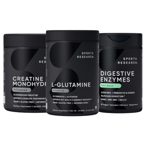 Sportforschung L-Glutamin (100 Servierungen), Kreatin-Monohydrat (60 Servierungen) und Verdauungsenzyme mit Probiotics & Ginger (90 Servierungen) - All Non-GMO Verified, Vegan & Gluten Free