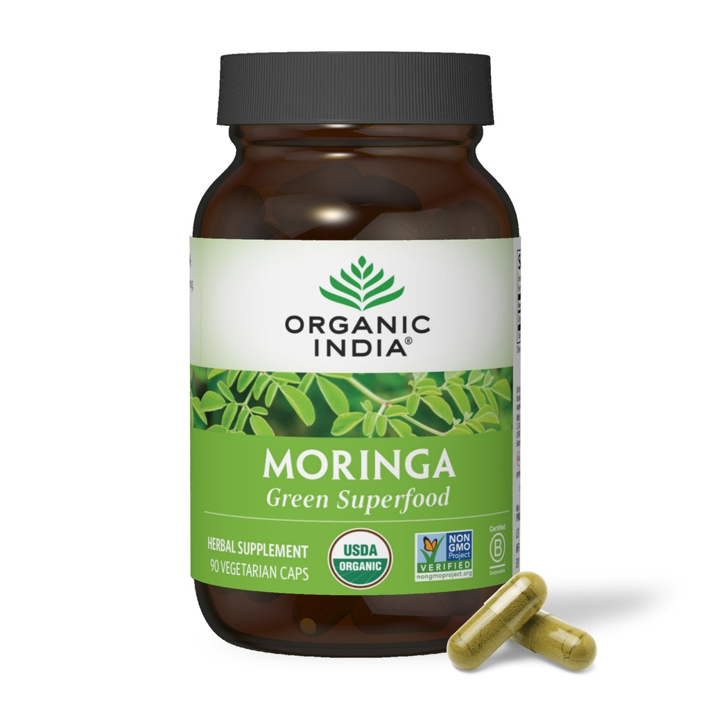 ORGANIC INDIA Moringa Capsules Organic - Green Superfood, Moringa Leaf Capsules, Pure Supergreen, Vegan Greens, Nature's Multivitamin, Vegan, Gluten-Free - 90 Kapseln
