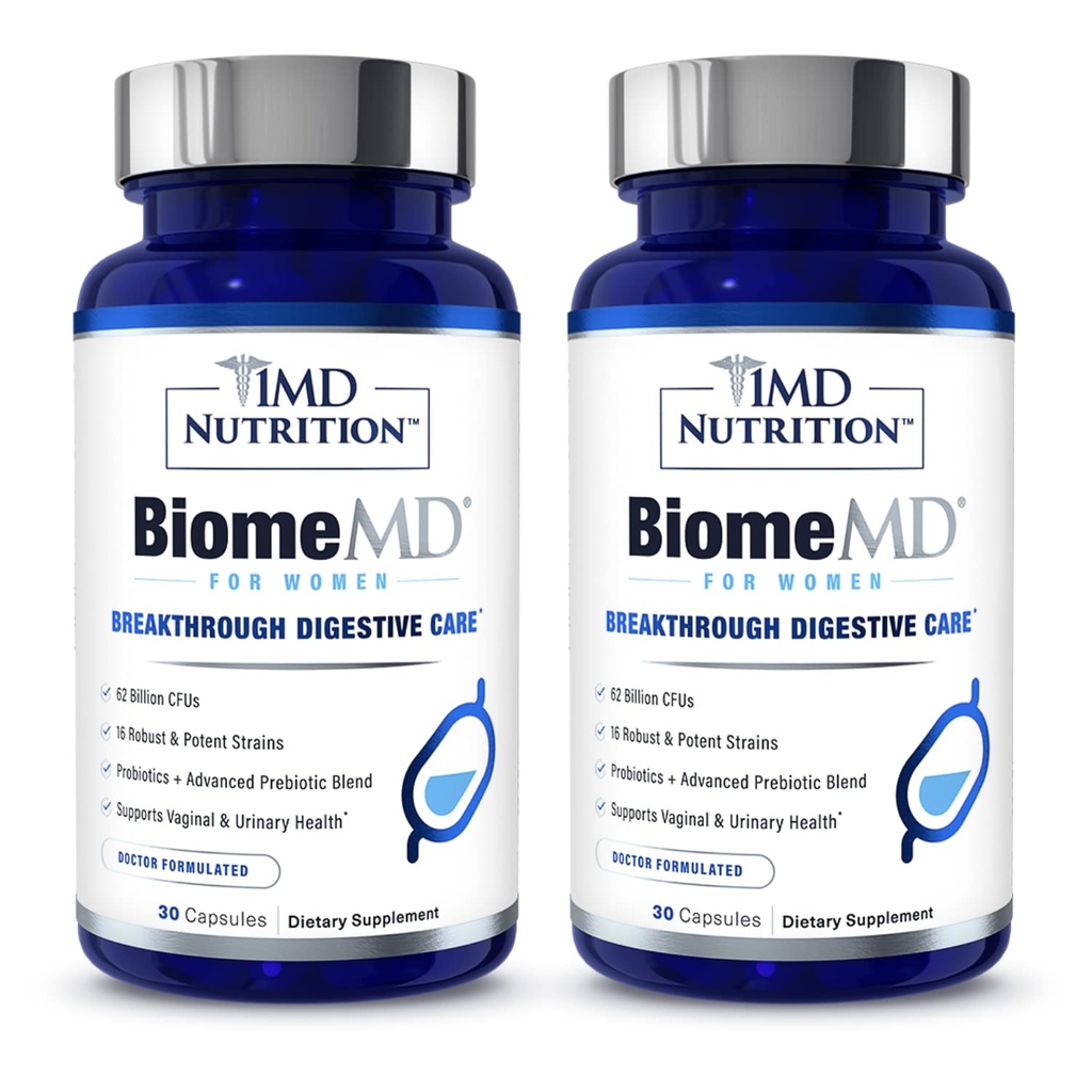 1MD Nutrition BiomeMD Probiotics for Women - 62 Billion CFUs, 16 Strains with Prebiotics | Unterstützt Vaginal & Urinary Health - Doctor-Formuliert | 30 Kapseln (2-Pack)