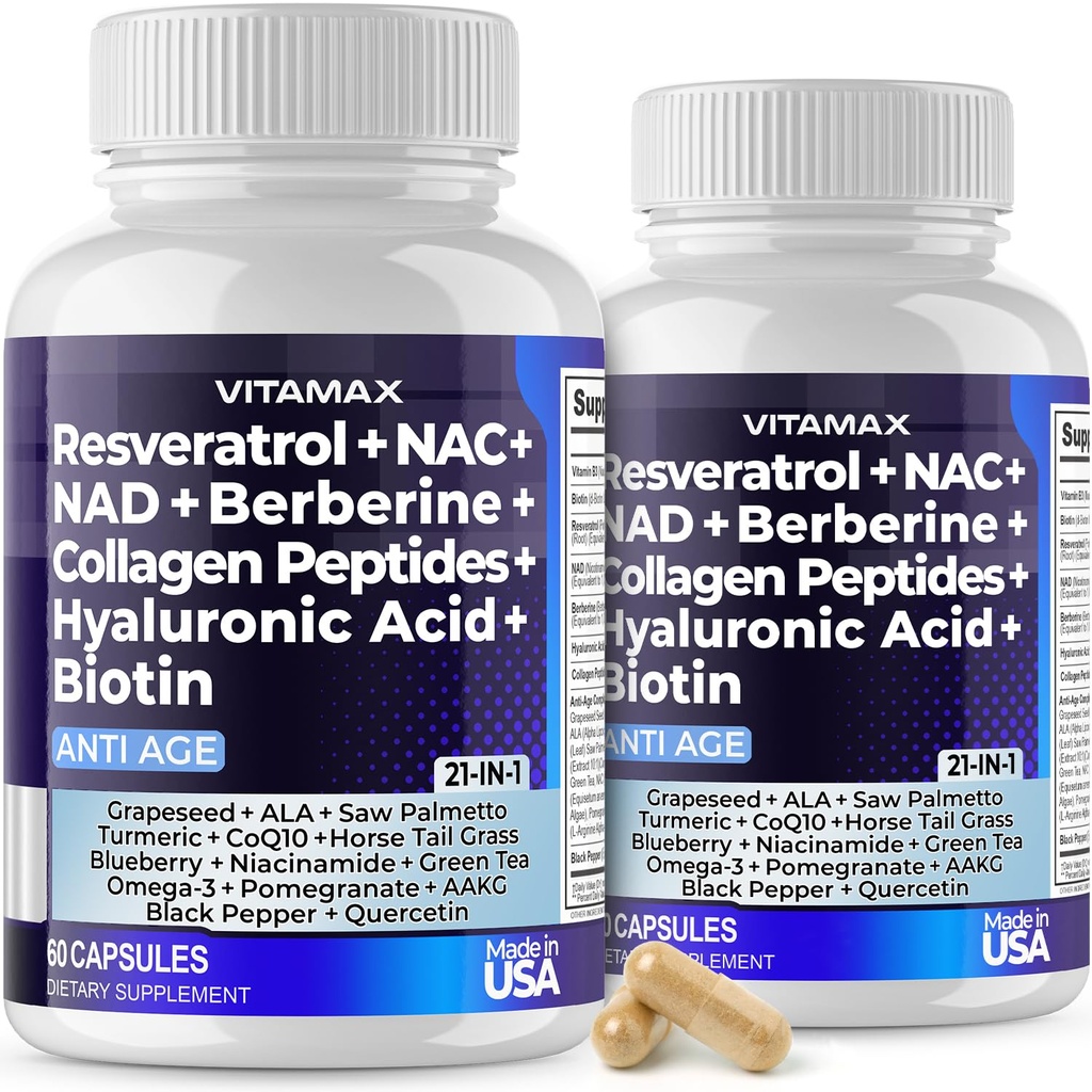 Vitamax Resveratrol NAD+ Berberine Hyaluronsäure - Biotin Grape & Blueberry + NAC - Collagen Peptides - Haar, Nagel, Skin & Joint Supplement - 21-in-1 Damen und Herren - Made in USA - 120 Count