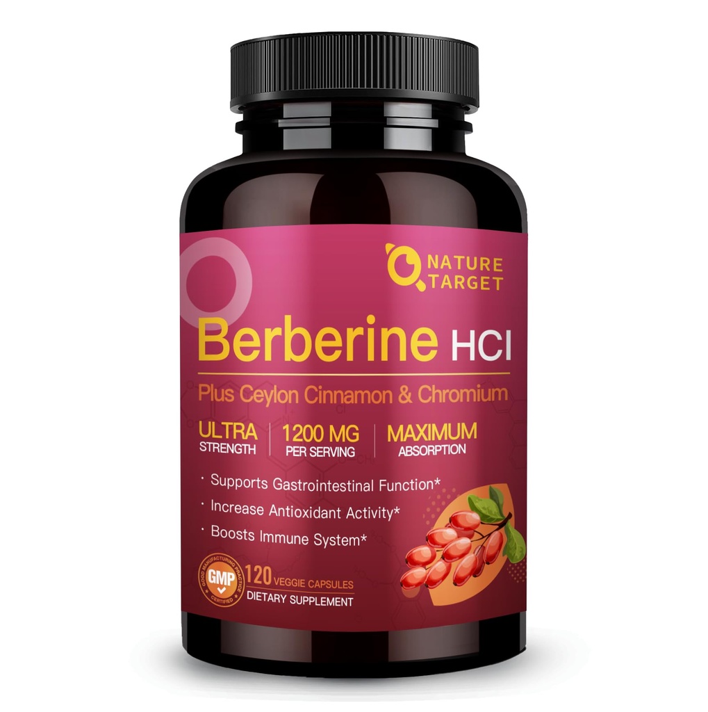 NATURE TARGET Berberine HCl 1200mg, Berberine Ergänzung mit Ceylon Cinnamon, Chrom - Unterstützt Immun-, Gastrointestinal- & Herzgesundheit, Non-GMO, 120 Kapseln