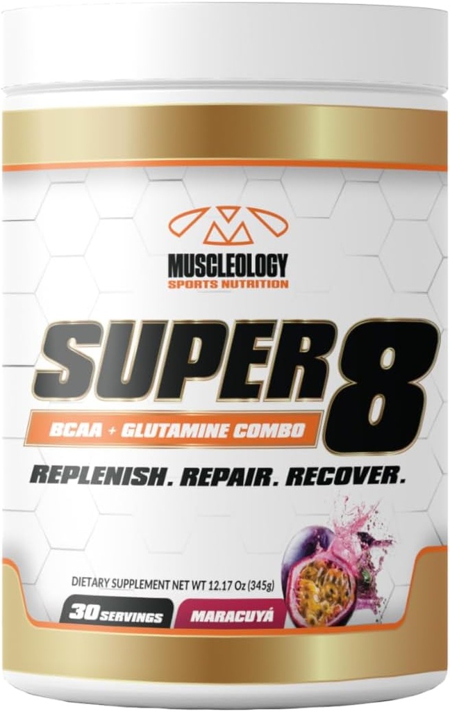MUSCLEOLOGY Super 8 High Performance BCAA, Elektrolyt & Glutamin Mischung Formel - Post-Workout Erholung und Muskelaufbau Supplement, 30 Servieren (Maracuya)