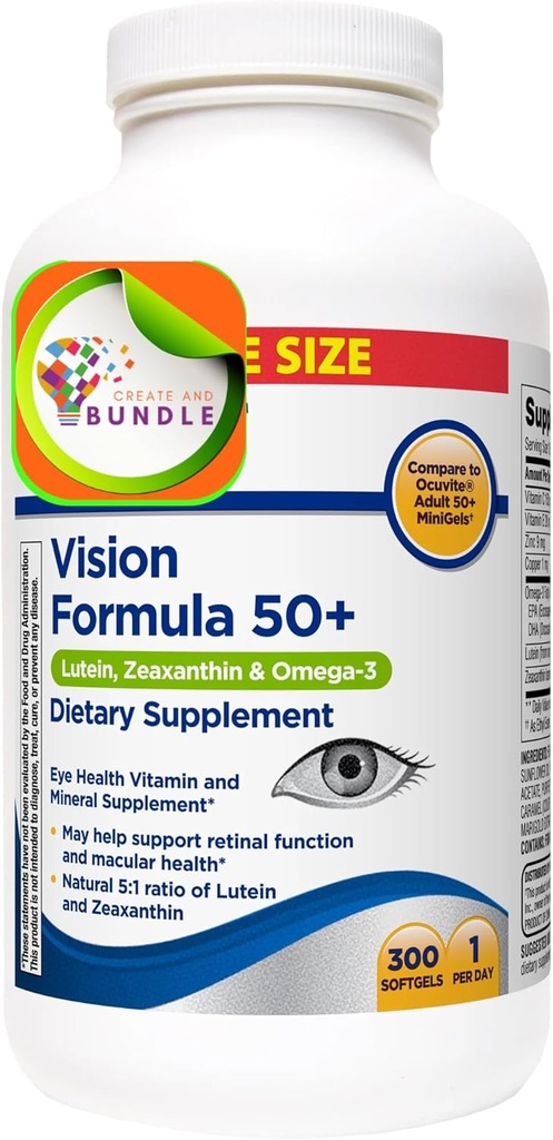 Formule Vision Equite 50+ Lutéine, Zeaxanthin & Omega-3, 300 Softgels + Créer un Sticker