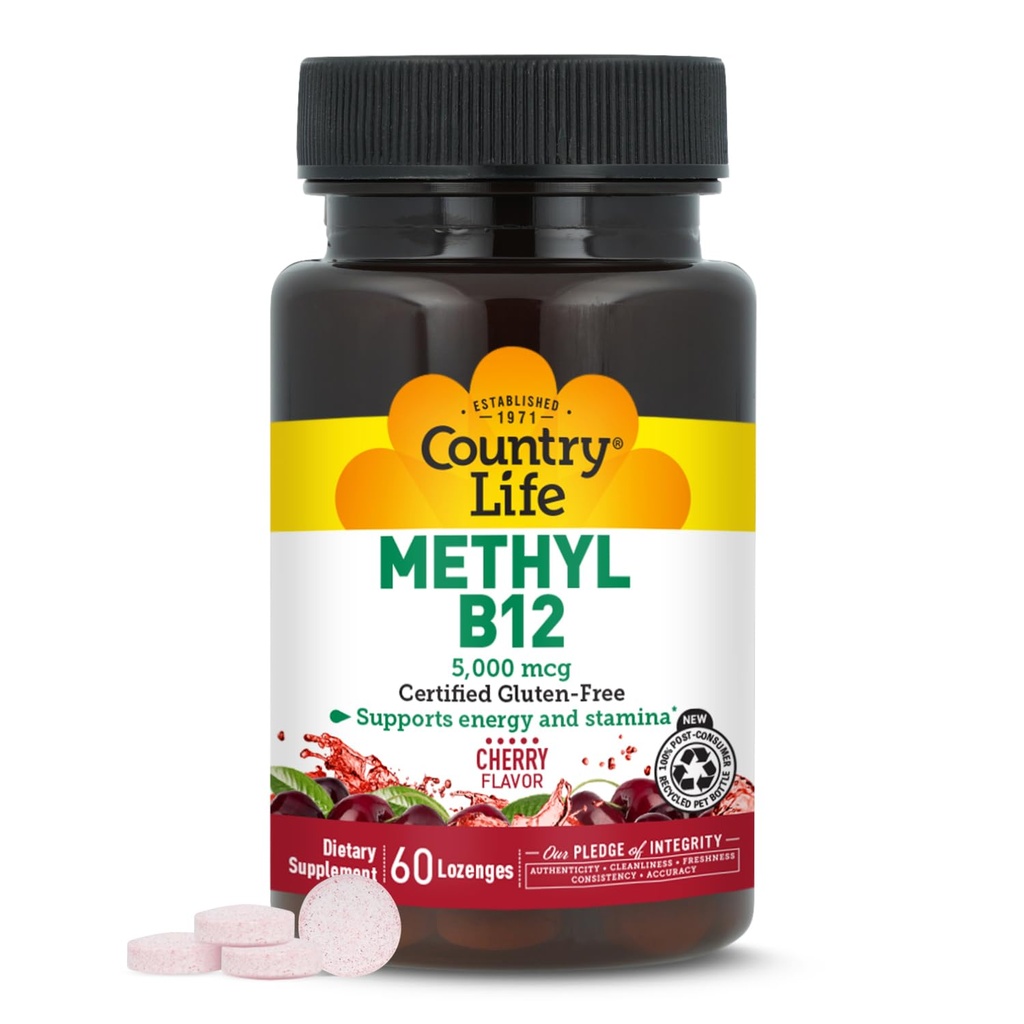 Country Life Methyl B12, unterstützt Energie & Stamina, 5.000mcg, 60 Lozenges, zertifiziert Glutenfrei, zertifiziert Vegan, zertifiziert Nicht-GMO Verifiziert