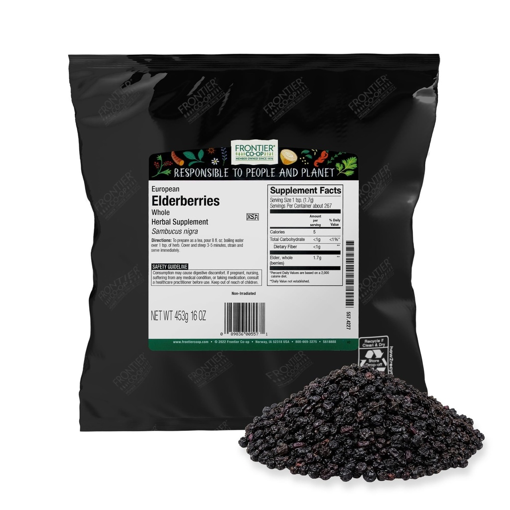Frontier Co-op Dried Elderberries, 2lb Bulk Bag, Ganze Beeren - Kosher und Non-GMO Getrocknete Frucht für Elderberry Powder, Tee und Syrup