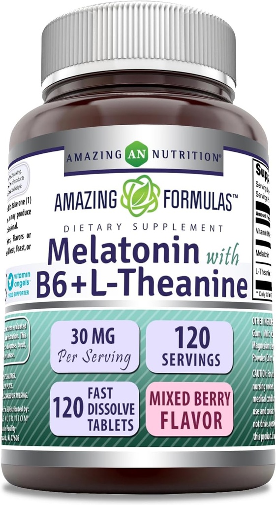 Formules étonnantes Melatonine avec vitamine B6 + supplément L-théanine , 30 Mg par service , Mélange de baies Saveur , 120 comprimés , non-OGM , sans gluten , Fabriqué aux États-Unis