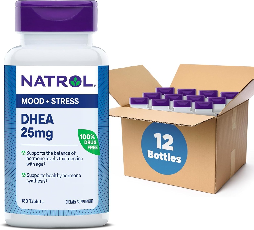 Natrol Mood & Stress DHEA 25mg avec Calcium, supplément alimentaire pour l'équilibre de certains niveaux d'hormone et soutien d'humeur, 180 comprimés, 180 jours d'approvisionnement (paquet de 12)