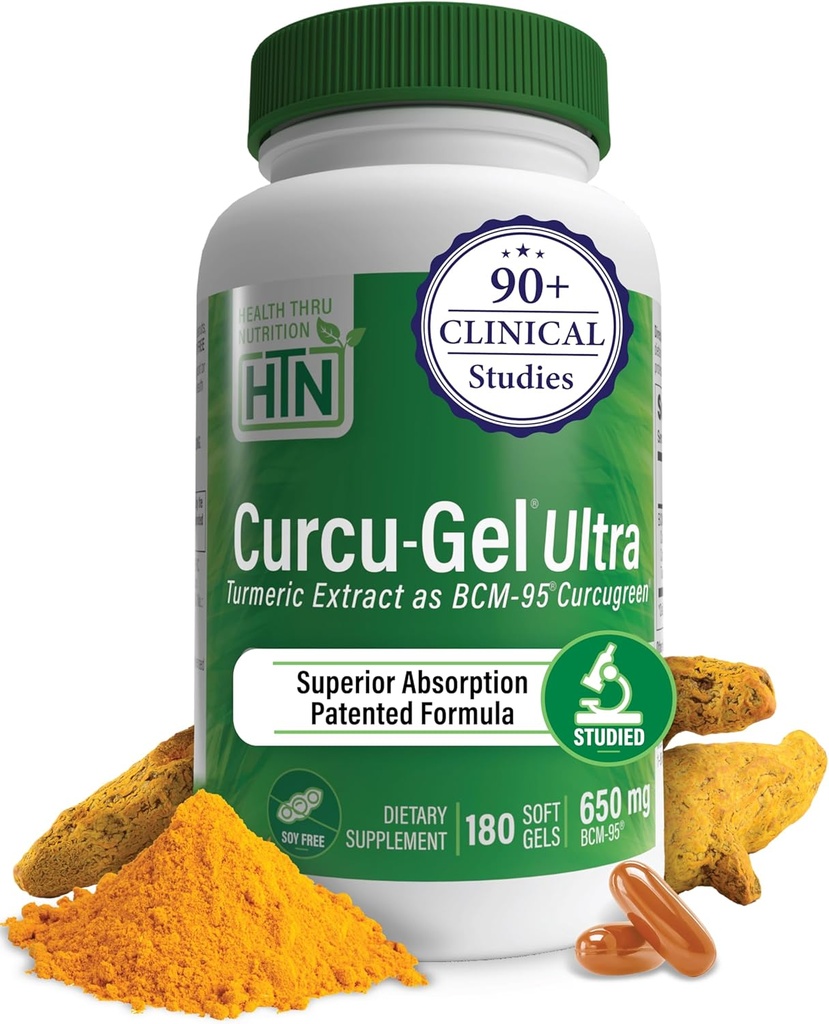 Gesundheit Thru Nutrition Curcu-Gel 650mg BCM-95® CurcuGreen Turmeric Curcumin | Hohe Absorption | Gesunde Entzündung Antwort | Klinisch untersucht | 3rd Party Getestet | Non-GMO (Pack von 180)